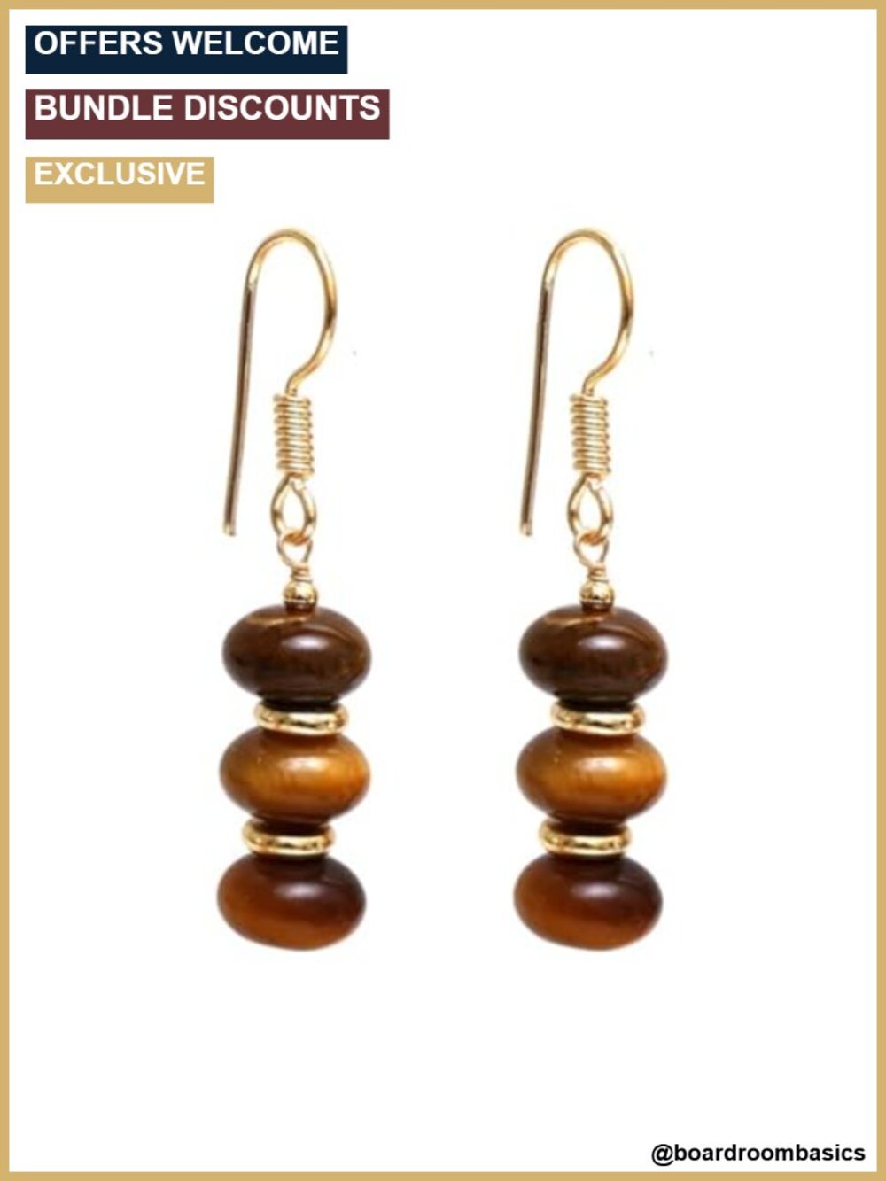 Boho Dangle Earrings Gold Plated Tiger Eye Gemstone Drop 1.5 Inch